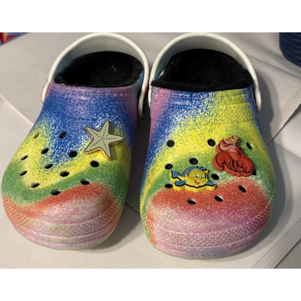 CROCS Classic Faux Fur Lined Tye Dye Spray Kids Size C12‎ Girls Mermaid Jibbitz